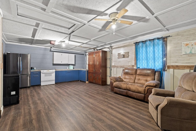 51 N Case Ave, Trenton, GA 30752 - living room featuring coffered ceiling, dark wood finished floors, wood walls, and a ceiling fan