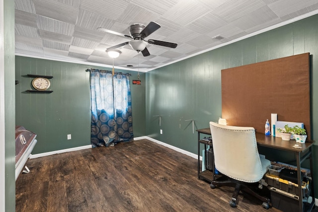 51 N Case Ave, Trenton, GA 30752 - home office featuring a ceiling fan, wood finished floors, baseboards, ornamental molding, and wood walls