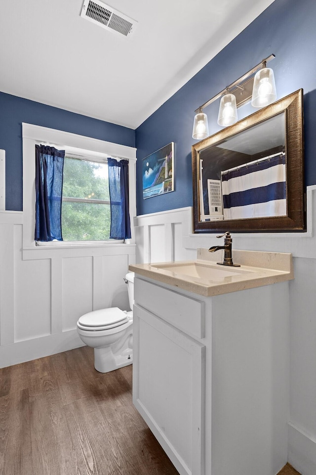 51 N Case Ave, Trenton, GA 30752 - full bathroom with wainscoting, a decorative wall, toilet, wood finished floors, and vanity