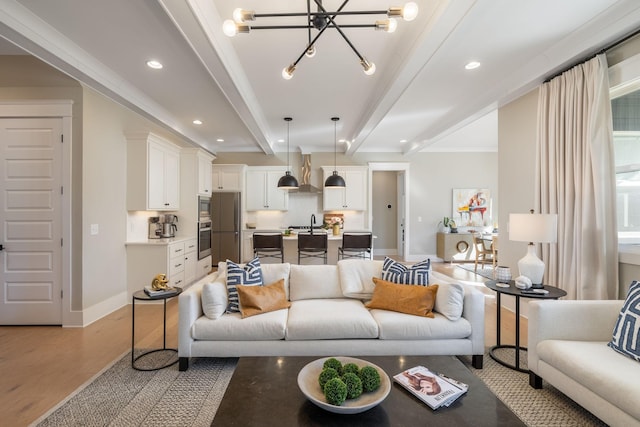 140 Barlow Dr, Franklin, TN 37064 - living area featuring light wood-style floors, recessed lighting, a chandelier, baseboards, and beam ceiling