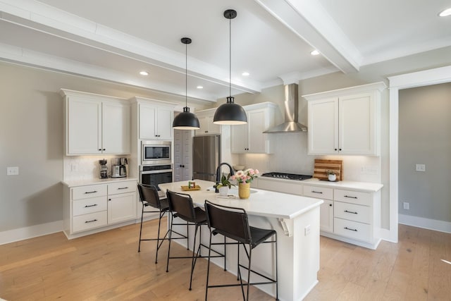 140 Barlow Dr, Franklin, TN 37064 - kitchen with wall chimney exhaust hood, beamed ceiling, stainless steel appliances, a kitchen breakfast bar, and tasteful backsplash