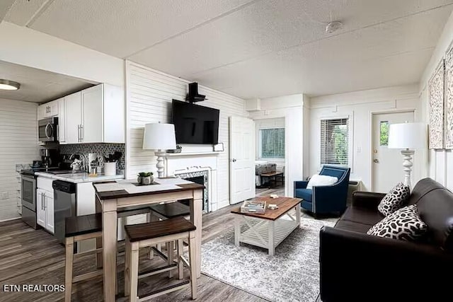 413 Baskins Creek Rd Apt 605, Gatlinburg, TN 37738 - living area with wood finished floors and a large fireplace