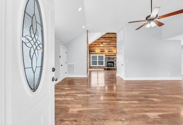 4510 Akin Rd, Cunningham, TN 37052 - foyer entrance with high vaulted ceiling, a ceiling fan, wood finished floors, and recessed lighting
