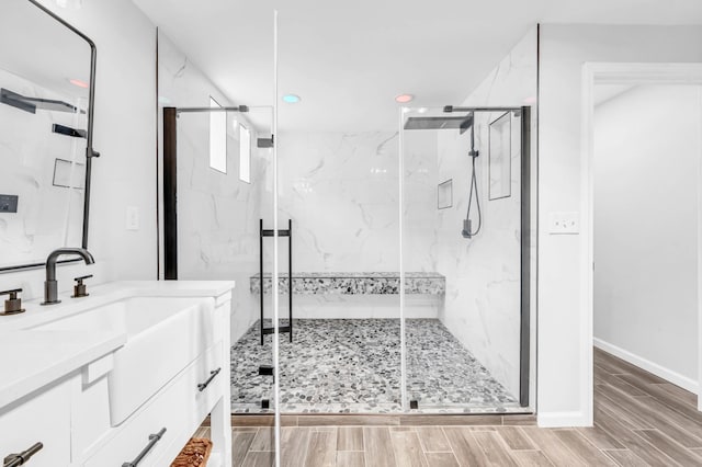 4510 Akin Rd, Cunningham, TN 37052 - full bath with vanity, a marble finish shower, wood finished floors, and recessed lighting
