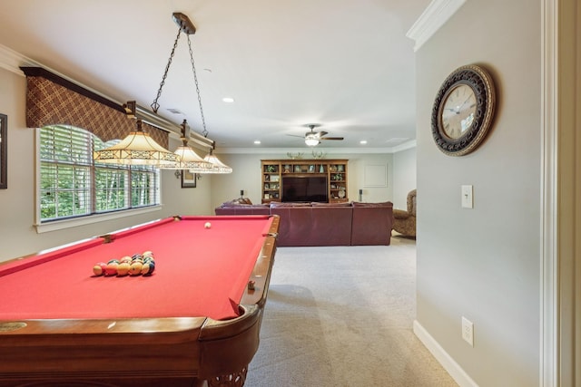 2064 Catalina Way, Nolensville, TN 37135 - rec room with carpet floors, crown molding, ceiling fan, pool table, and recessed lighting