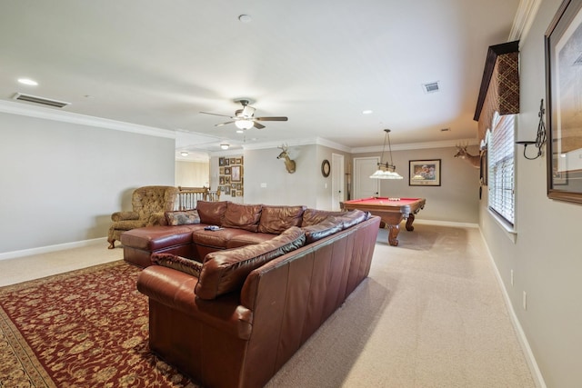 2064 Catalina Way, Nolensville, TN 37135 - living area with billiards table, light colored carpet, baseboards, ornamental molding, and a ceiling fan