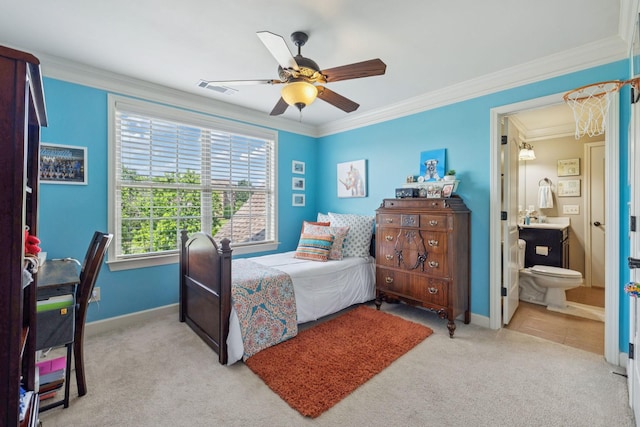2064 Catalina Way, Nolensville, TN 37135 - bedroom with carpet flooring, ornamental molding, baseboards, a ceiling fan, and connected bathroom