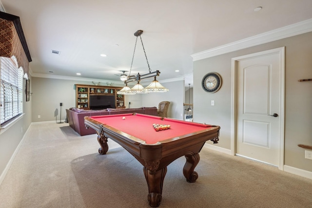 2064 Catalina Way, Nolensville, TN 37135 - rec room with billiards table, carpet, baseboards, ornamental molding, and recessed lighting