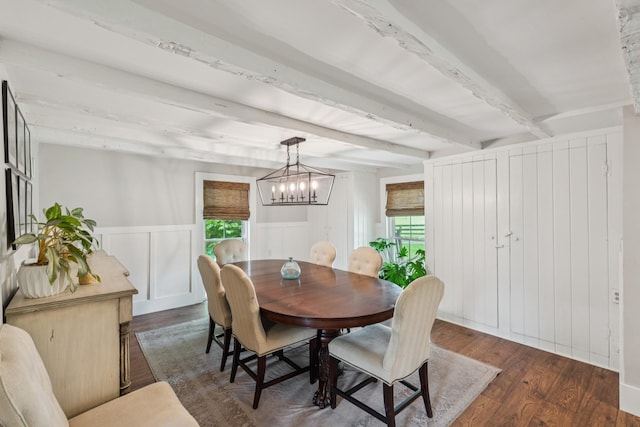 266 Guill Rd, Mount Juliet, TN 37122 - dining space featuring wood finished floors, beamed ceiling, plenty of natural light, a chandelier, and a wainscoted wall