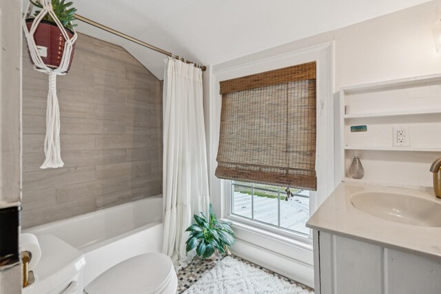266 Guill Rd, Mount Juliet, TN 37122 - bathroom featuring toilet, shower / tub combo with curtain, vanity, and lofted ceiling