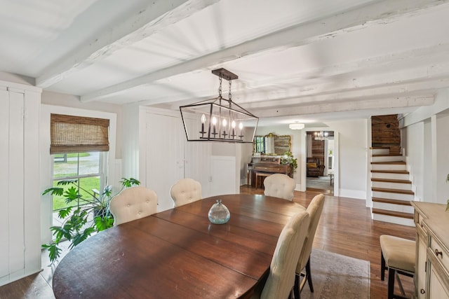266 Guill Rd, Mount Juliet, TN 37122 - dining area featuring wood finished floors, stairs, beamed ceiling, and a chandelier