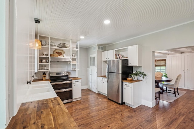 266 Guill Rd, Mount Juliet, TN 37122 - kitchen featuring open shelves, butcher block countertops, stainless steel appliances, dark wood-type flooring, and recessed lighting