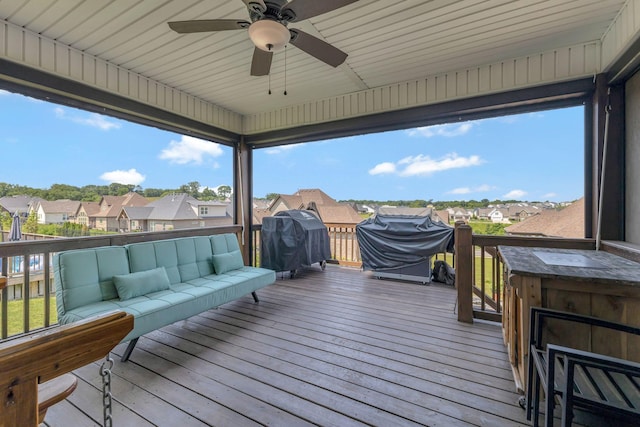 175 Dobson Knob Trl, Nolensville, TN 37135 - wooden terrace featuring a residential view, an outdoor living space, grilling area, and ceiling fan
