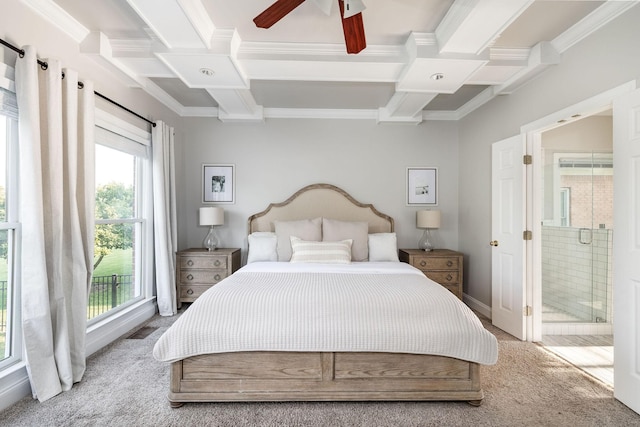 113 Joshuas Run, Goodlettsville, TN 37072 - carpeted bedroom with coffered ceiling, ornamental molding, beam ceiling, ensuite bathroom, and ceiling fan