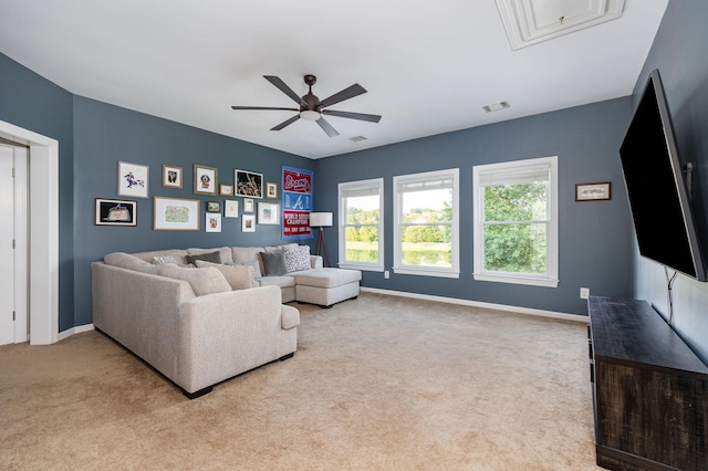 113 Joshuas Run, Goodlettsville, TN 37072 - carpeted living room featuring ceiling fan, baseboards, and attic access