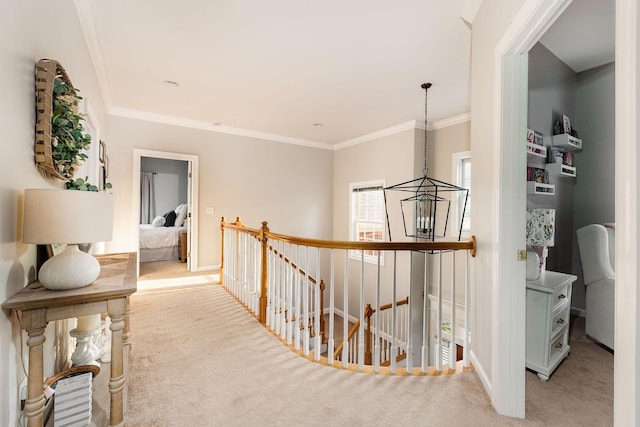 113 Joshuas Run, Goodlettsville, TN 37072 - corridor with an upstairs landing, light carpet, ornamental molding, a chandelier, and baseboards