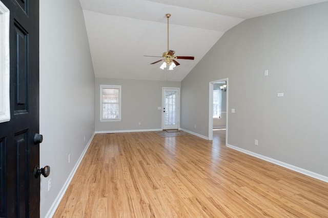 55 Bluebird Ln, Lafayette, TN 37083 - unfurnished room featuring ceiling fan, light wood finished floors, baseboards, and high vaulted ceiling
