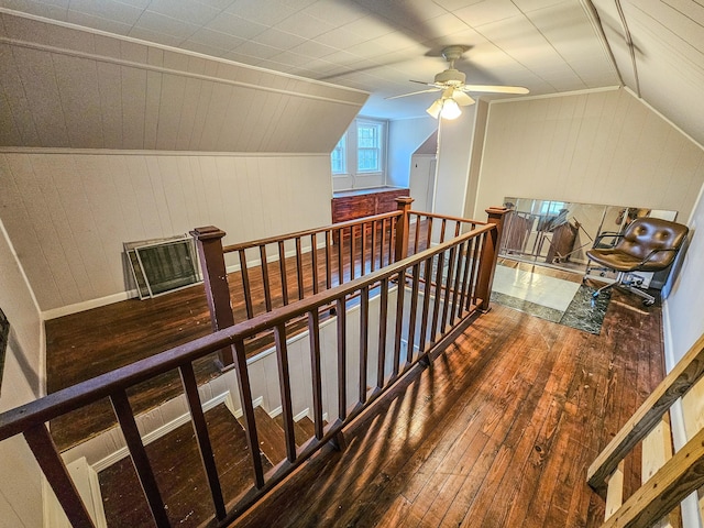 1105 Normandy Rd, Normandy, TN 37360 - hall featuring hardwood / wood-style floors, vaulted ceiling, an upstairs landing, and wood walls