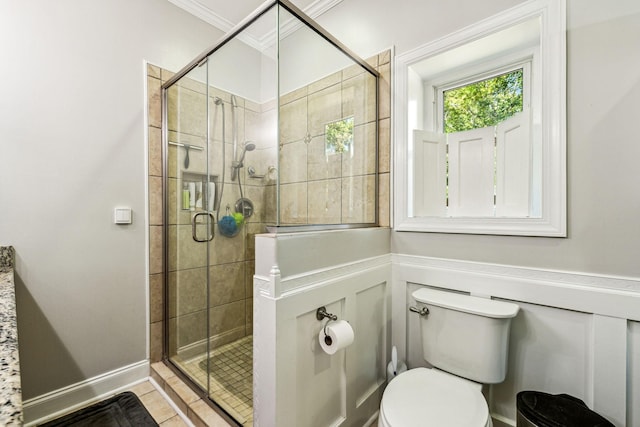1064 Bills Ln, Joelton, TN 37080 - full bath featuring toilet, a stall shower, crown molding, and tile patterned flooring