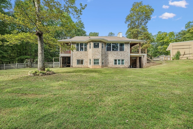 1064 Bills Ln, Joelton, TN 37080 - rear view of property with stairs, a chimney, a wooden deck, and brick siding