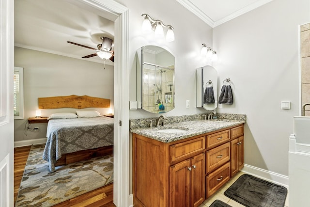 1064 Bills Ln, Joelton, TN 37080 - ensuite bathroom with crown molding, ceiling fan, double vanity, a shower, and wood finished floors