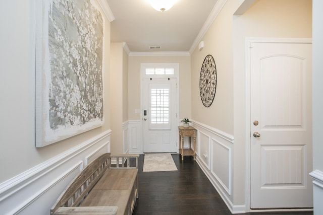 8023 Forest Hills Dr, Spring Hill, TN 37174 - foyer entrance featuring dark wood finished floors, a decorative wall, wainscoting, and ornamental molding