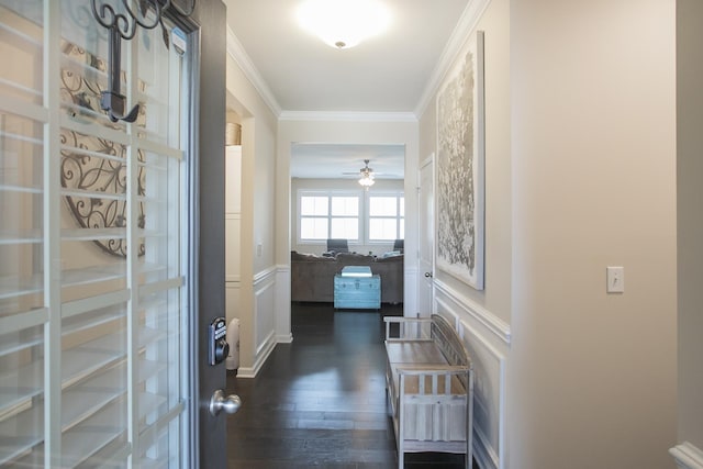 8023 Forest Hills Dr, Spring Hill, TN 37174 - entrance foyer with ornamental molding, a decorative wall, dark wood-style flooring, wainscoting, and a ceiling fan