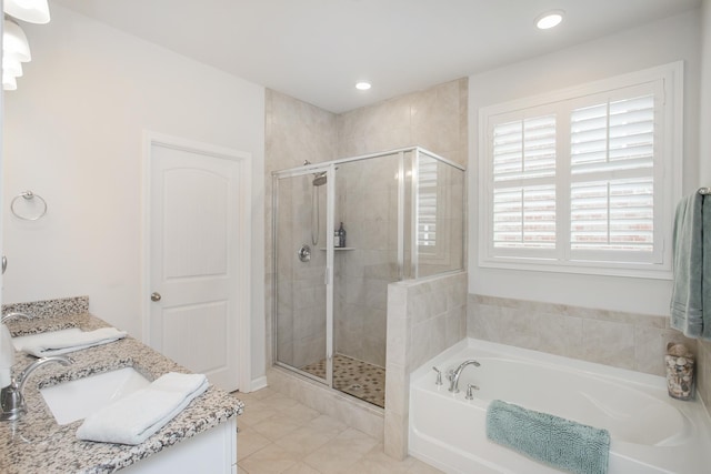 8023 Forest Hills Dr, Spring Hill, TN 37174 - full bathroom with a garden tub, a stall shower, double vanity, tile patterned flooring, and recessed lighting