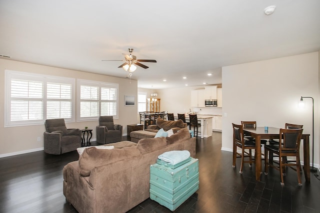 8023 Forest Hills Dr, Spring Hill, TN 37174 - living room with a ceiling fan, dark wood finished floors, baseboards, and recessed lighting