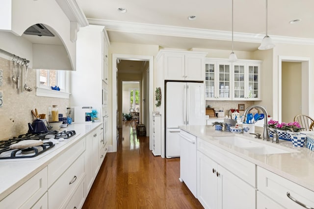 3007 General Martin Ln, Franklin, TN 37064 - kitchen with white appliances, a sink, dark wood-style floors, backsplash, and glass insert cabinets