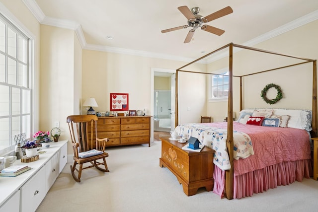 3007 General Martin Ln, Franklin, TN 37064 - bedroom with light colored carpet, ornamental molding, connected bathroom, and ceiling fan