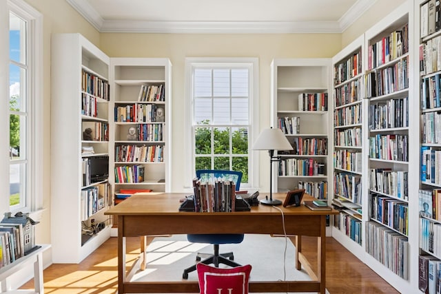 3007 General Martin Ln, Franklin, TN 37064 - office area with wall of books, crown molding, wood finished floors, and built in shelves