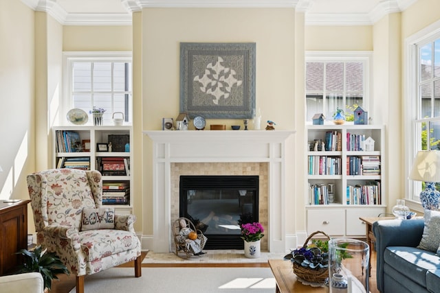 3007 General Martin Ln, Franklin, TN 37064 - living area featuring crown molding, a fireplace, and wood finished floors