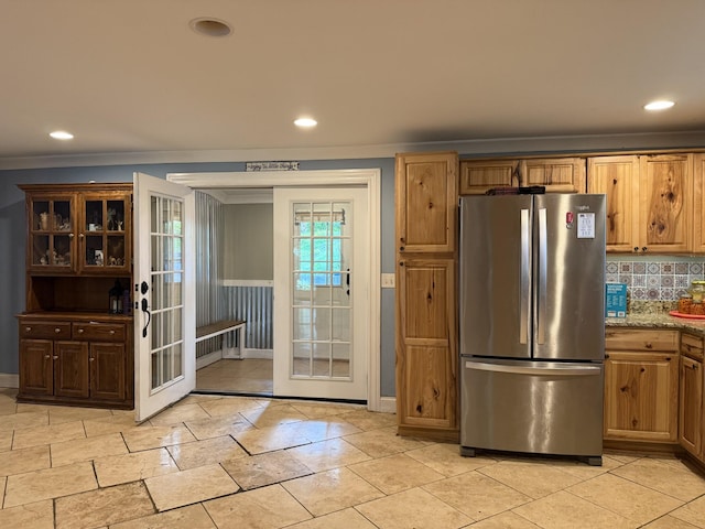 1650 E Beaverdam Rd, Centerville, TN 37033 - kitchen with freestanding refrigerator, french doors, ornamental molding, recessed lighting, and decorative backsplash