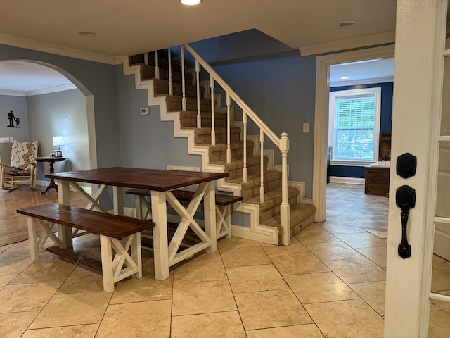 1650 E Beaverdam Rd, Centerville, TN 37033 - stairway with ornamental molding, arched walkways, recessed lighting, and baseboards