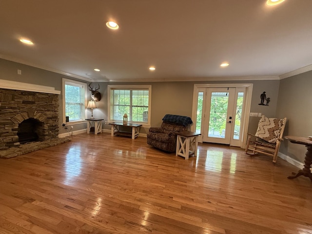 1650 E Beaverdam Rd, Centerville, TN 37033 - living room with ornamental molding, baseboards, wood finished floors, recessed lighting, and a fireplace