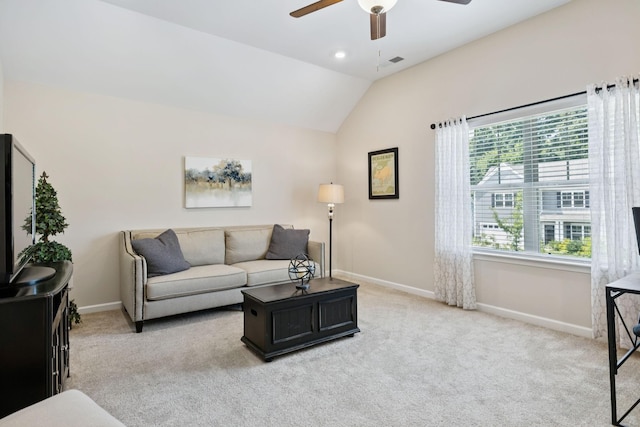 1045 Brayden Dr, Fairview, TN 37062 - living area featuring baseboards, ceiling fan, light carpet, and lofted ceiling