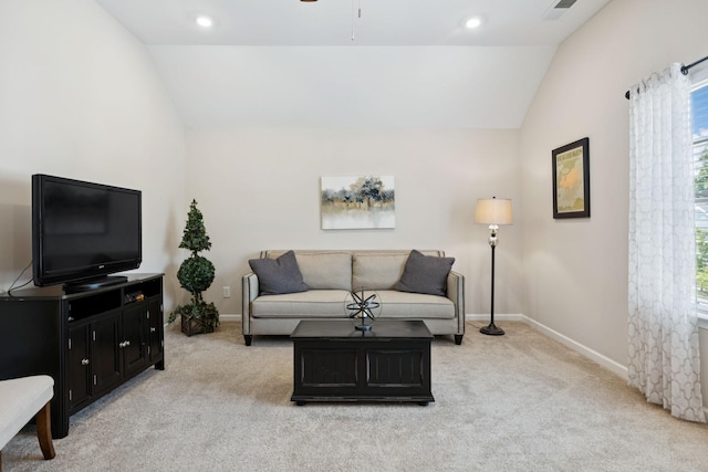 1045 Brayden Dr, Fairview, TN 37062 - living room featuring lofted ceiling, light carpet, baseboards, a ceiling fan, and recessed lighting