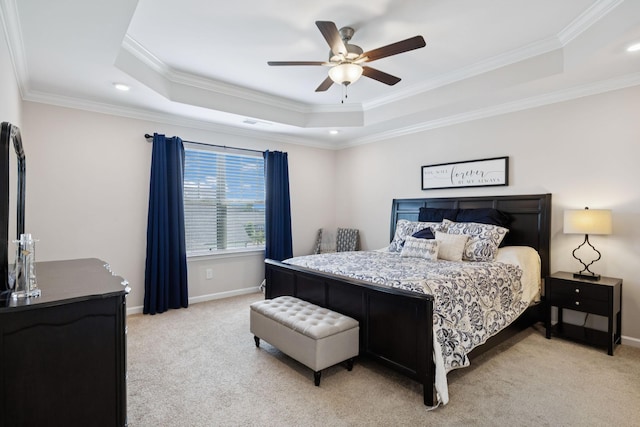 1045 Brayden Dr, Fairview, TN 37062 - bedroom featuring a raised ceiling, light colored carpet, baseboards, crown molding, and recessed lighting