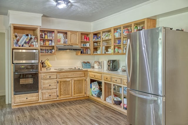 260 Fate Ivy Rd, Monterey, TN 38574 - kitchen with appliances with stainless steel finishes, open shelves, crown molding, a textured ceiling, and under cabinet range hood