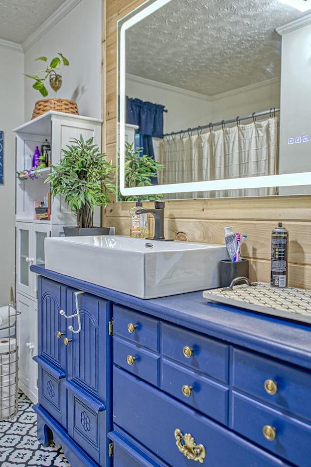 260 Fate Ivy Rd, Monterey, TN 38574 - bathroom with a textured ceiling, crown molding, and vanity