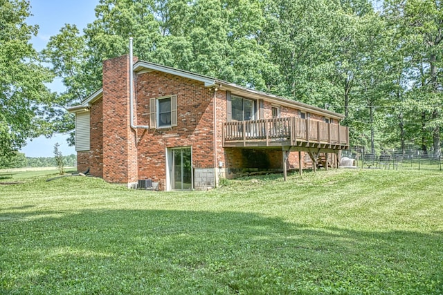 260 Fate Ivy Rd, Monterey, TN 38574 - back of house featuring a deck, brick siding, cooling unit, a chimney, and stairway
