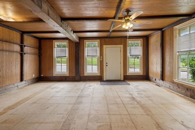 1319 Main St N, Carthage, TN 37030 - foyer with wood ceiling with exposed beams, ceiling fan, and wooden walls
