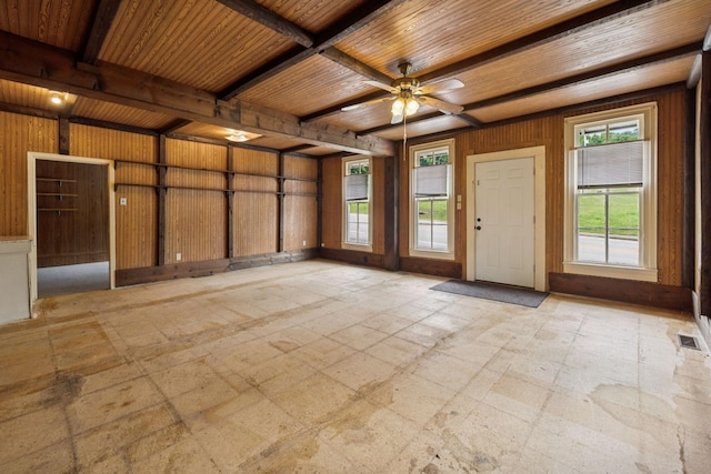 1319 Main St N, Carthage, TN 37030 - entrance foyer featuring wooden ceiling with exposed beams, wood walls, healthy amount of natural light, and ceiling fan