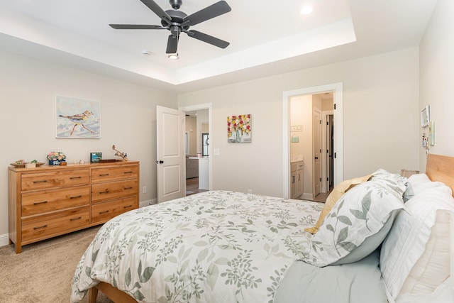 3019 Easy Goer Ln, Greenbrier, TN 37073 - bedroom with a raised ceiling, light colored carpet, recessed lighting, baseboards, and a ceiling fan