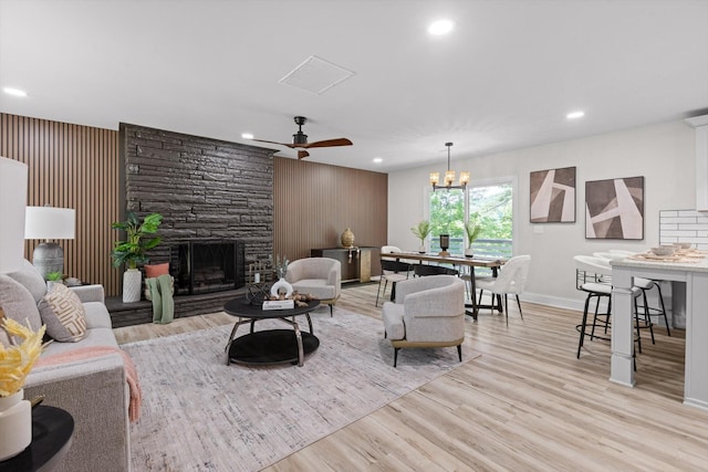 2605 Avalon Hl, Chattanooga, TN 37415 - living area with ceiling fan, baseboards, light wood-style flooring, recessed lighting, and a fireplace