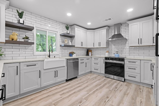 2605 Avalon Hl, Chattanooga, TN 37415 - kitchen featuring black electric range, dishwasher, open shelves, wall chimney exhaust hood, and a sink