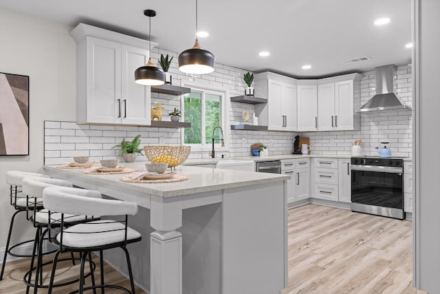 2605 Avalon Hl, Chattanooga, TN 37415 - kitchen featuring wall chimney range hood, electric range oven, open shelves, a peninsula, and a sink