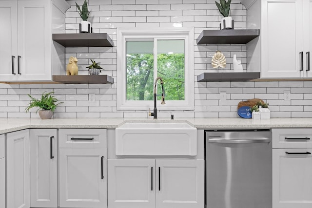 2605 Avalon Hl, Chattanooga, TN 37415 - kitchen with dishwasher, open shelves, a sink, backsplash, and white cabinetry