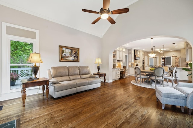 230 Temple Crest Trl, Franklin, TN 37069 - living room featuring arched walkways, a ceiling fan, dark wood finished floors, lofted ceiling, and ornamental molding